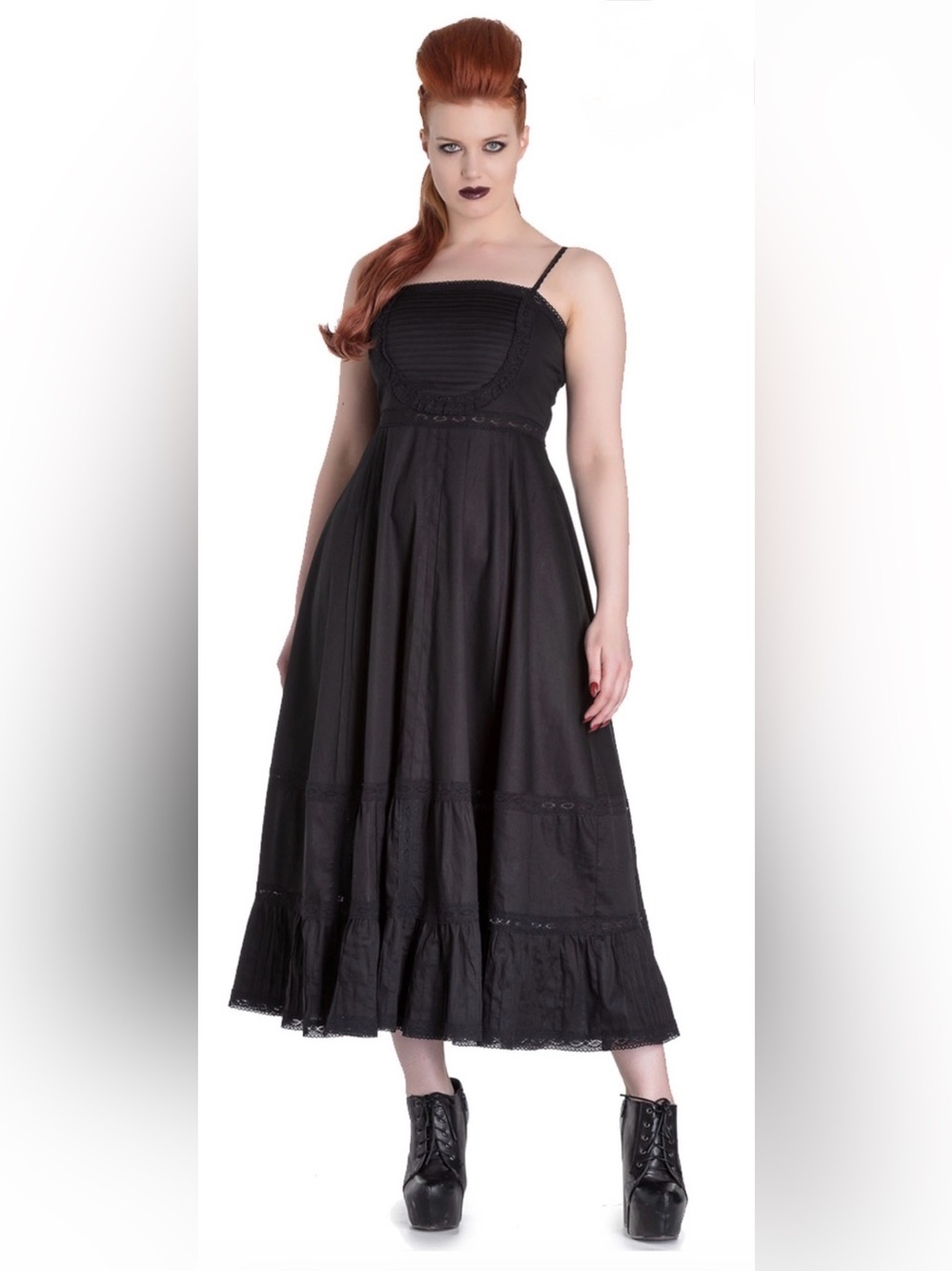 SPIN DOCTOR Elizabella Black Lace Gothic Whimsigoth 100% Cotton Maxi Dress S
